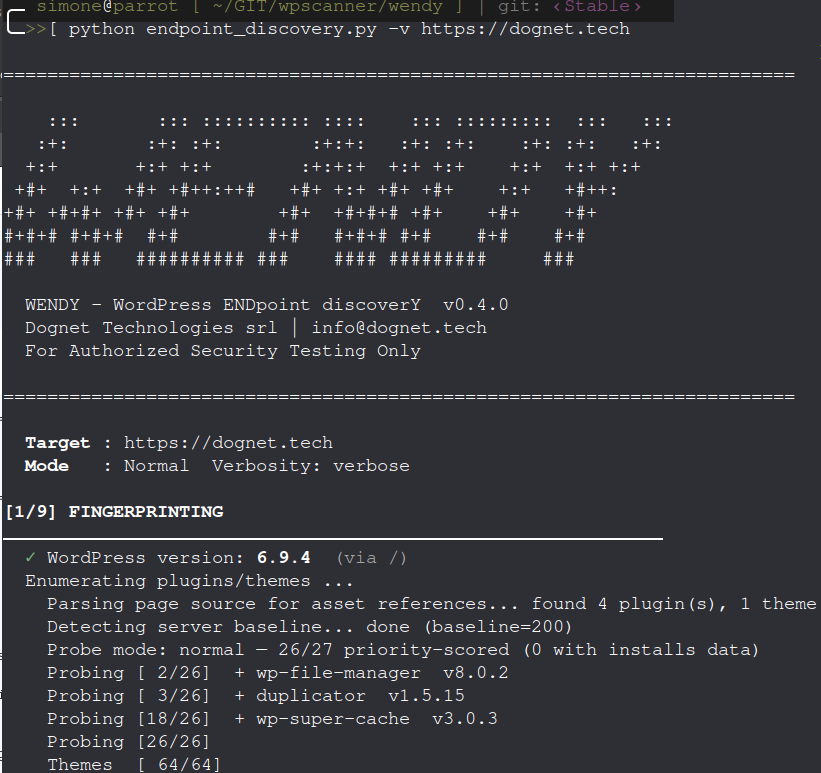 Wendy v0.4.0 terminal output during WordPress fingerprinting: version, plugin and themes detected