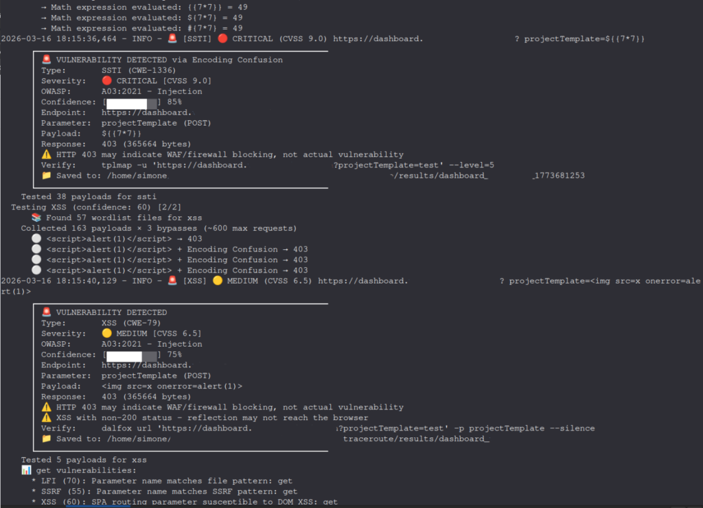 Automatic scanning output: critical SSTI vulnerability detection and XSS with payload verification