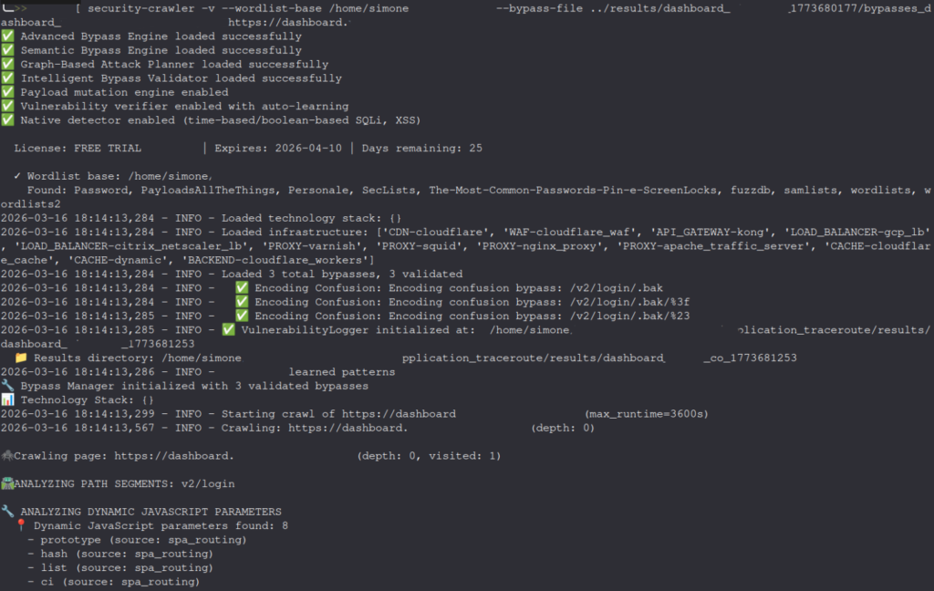 Security-crawler output: bypass engine, wordlist and technology detection successfully uploaded