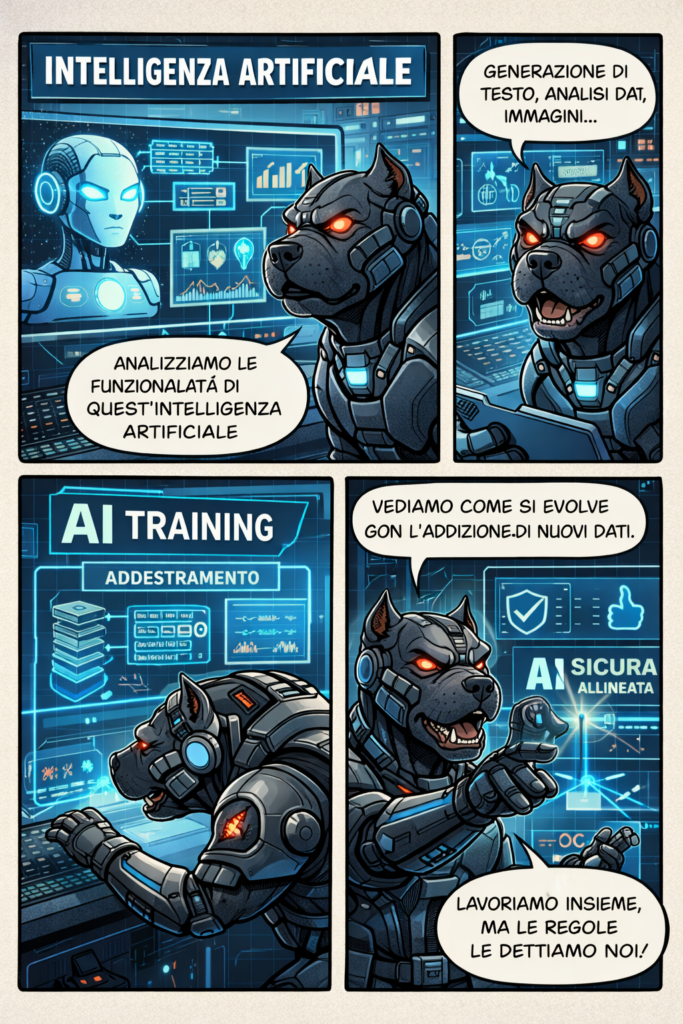 Fumetto Dognet Technologies: la mascotte spiega addestramento e analisi dell'intelligenza artificiale