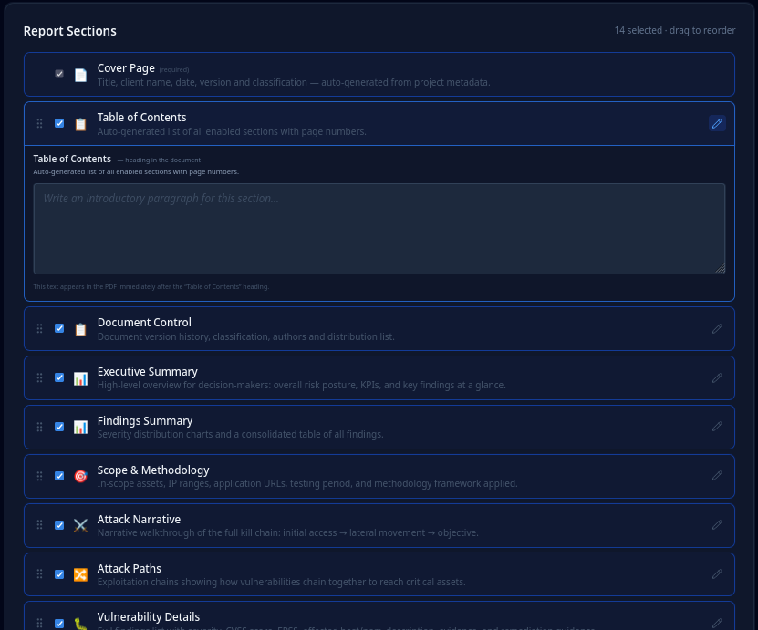 ReportShelter section editor: customizable report structure (Cover Page, Executive Summary, Attack Narrative, Vulnerability Details)