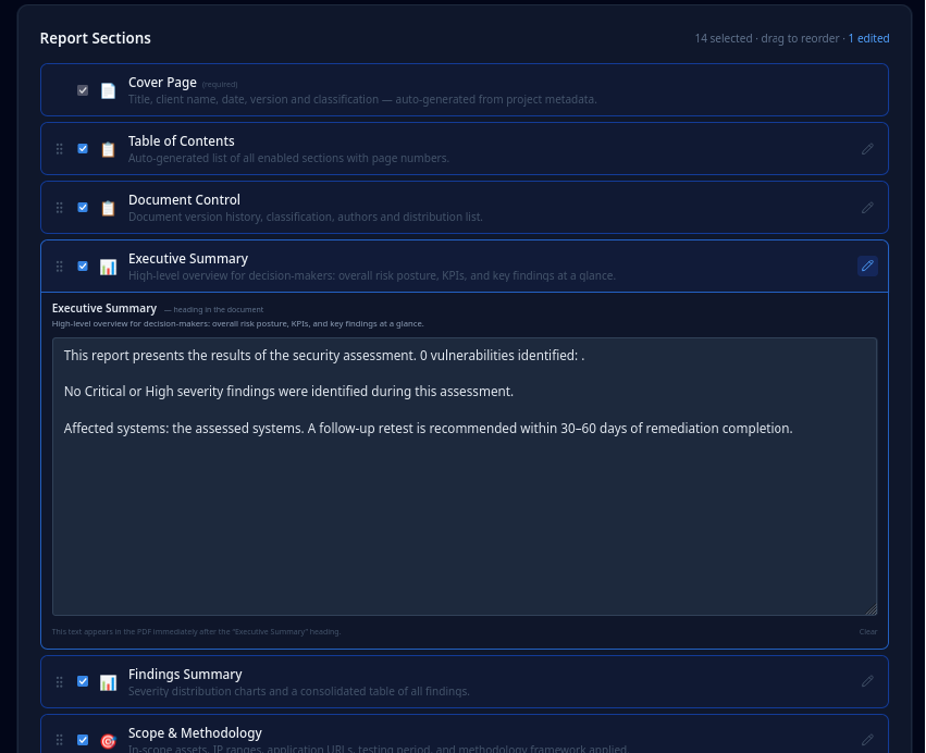 ReportShelter Executive Summary Section with text automatically generated by the results of the assessment