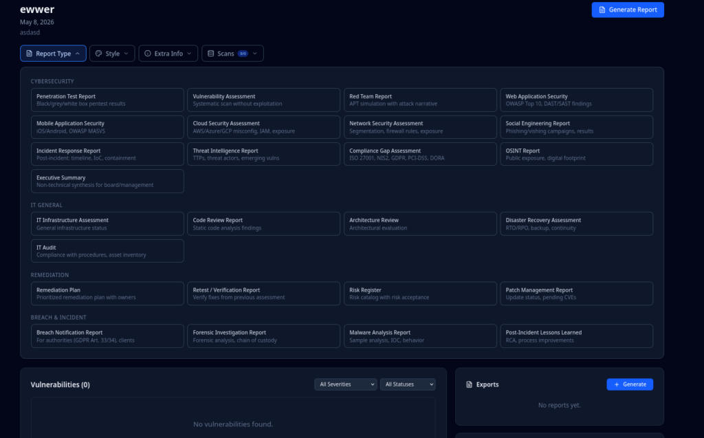 Dashboard ReportShelter: report template catalog for audiences (Penetration Test, Vulnerability Assessment, Compliance Gap, Incident Response)
