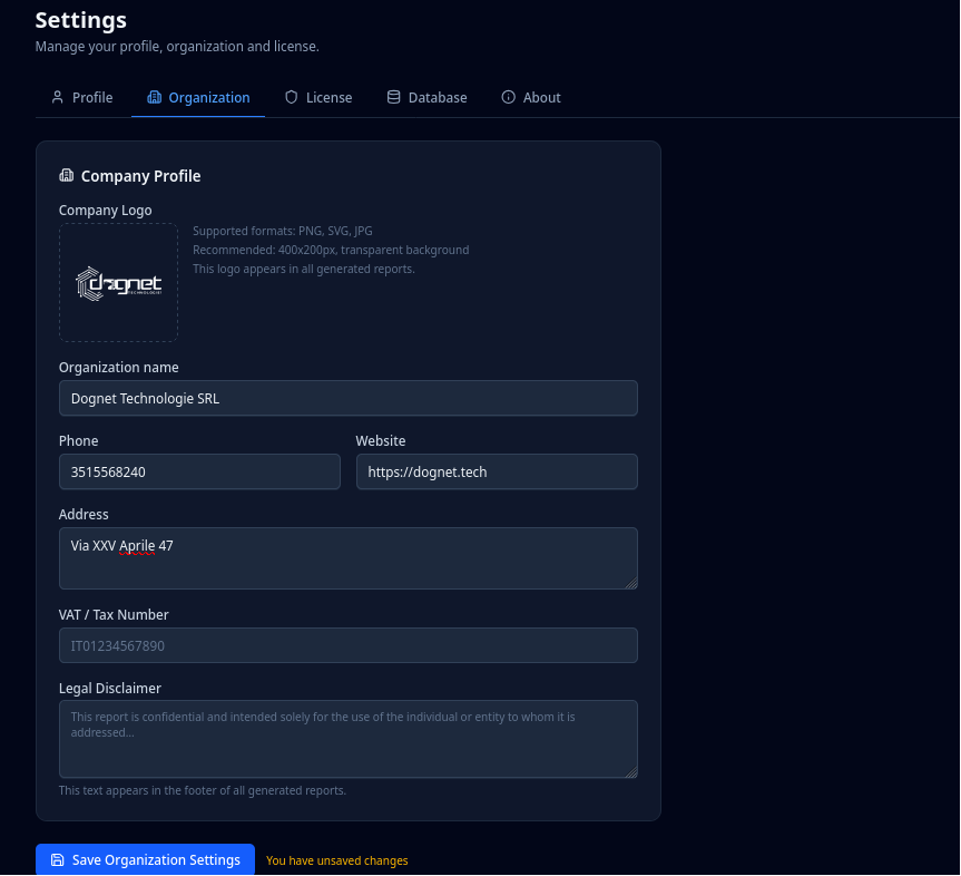 ReportShelter Organization settings: corporate logo, personal data and legal disclaimer included in generated reports